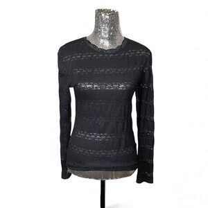 Whimsigoth Black Sheer Lace Stripe Long Sleeve Fitted Layering Top Large Evening